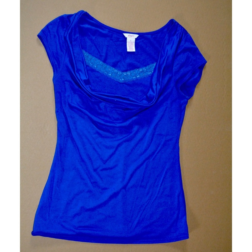 Blue cowl neck tee with fake lace cami underneath